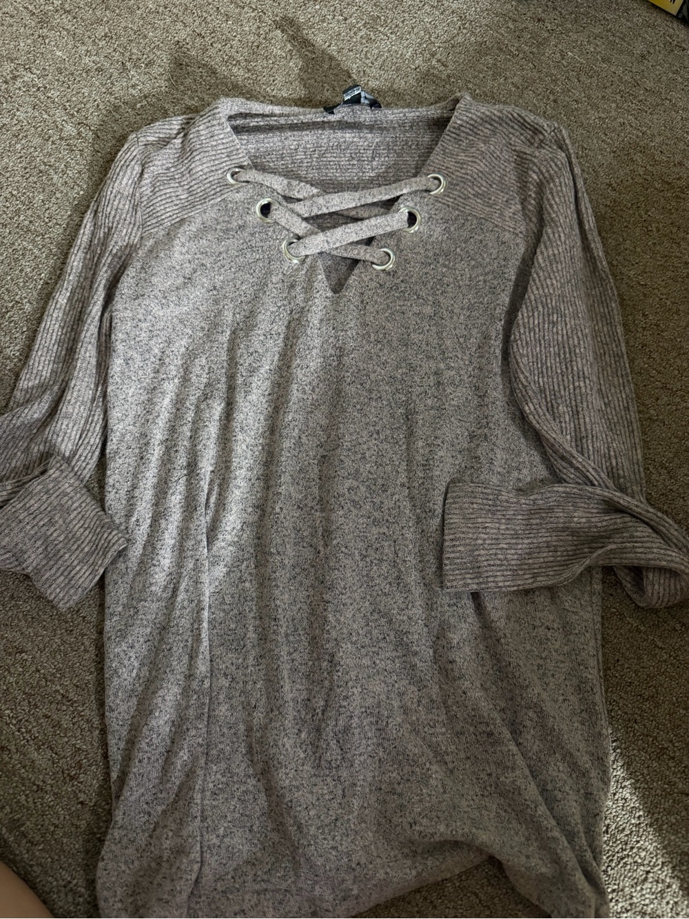 by & by Lace-Up Knit Tunic Top - Heather Taupe